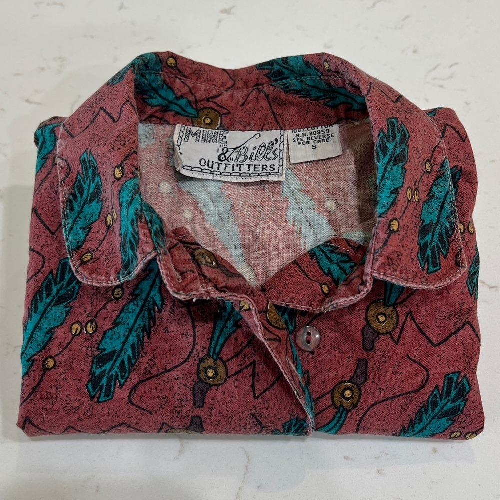 Vintage Mine & Bills Outfitters Feather Print Western Button Down Size S - Picture 8 of 8